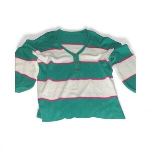Oversized balloon sleeveGreen and White Striped Women's Sweater
